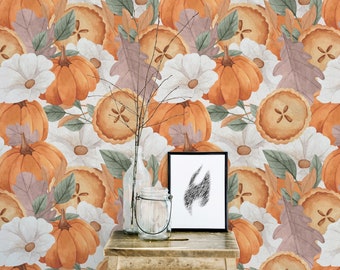 Thanksgiving Peel and Stick wallpaper / Pumpkin Removable wallpaper / Orange wallpaper - Self-adhesive or Traditional