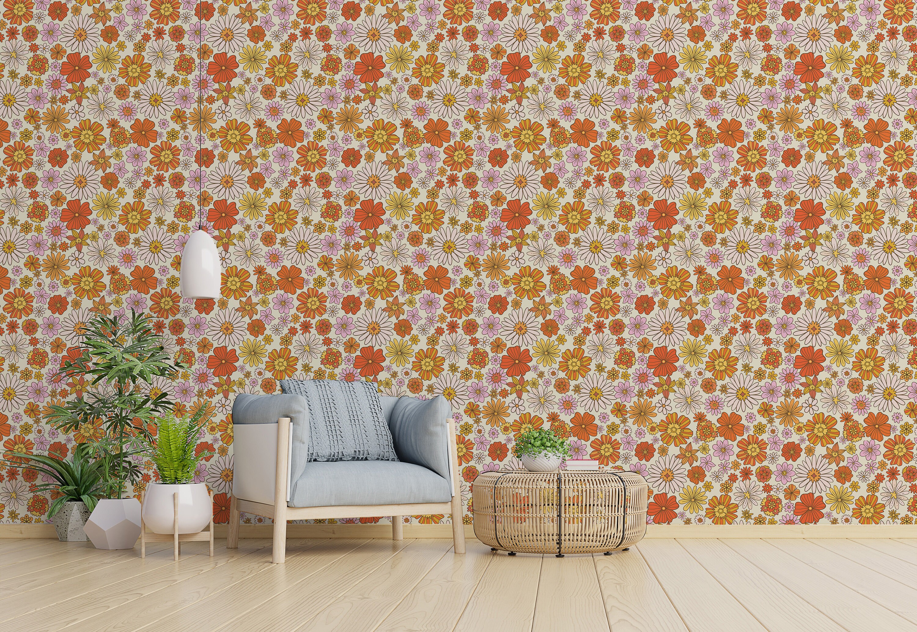 Orange Floral Peel and Stick Wallpaper / 70s Removable Wallpaper ...