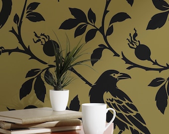 Olive Green Raven Wallpaper Mural: Vintage Gothic Botanical Silhouettes (Non-Pasted, Pre-Pasted, Peel & Stick, Custom Sizes)
