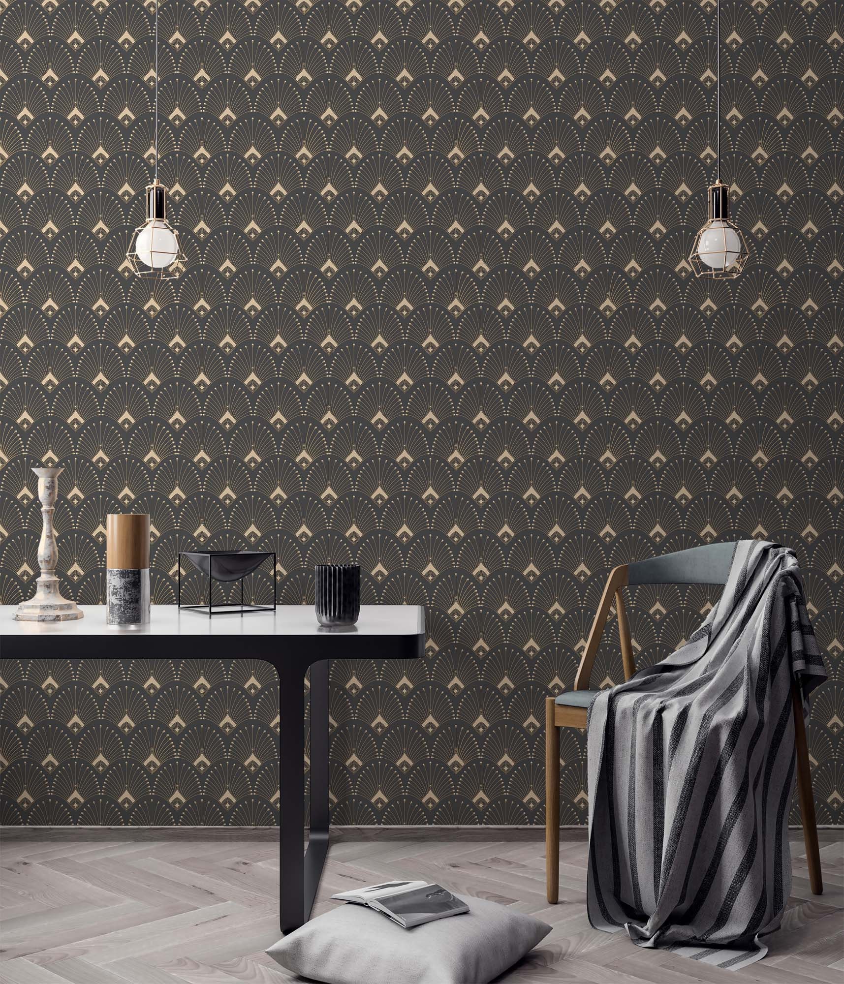 Beige and Gray Art Deco Peel and Stick Wallpaper / Geometric Removable