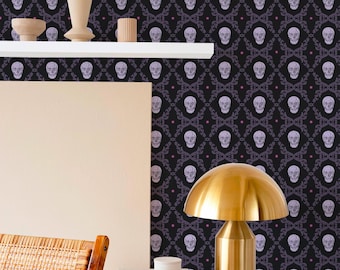 Black Skull Wallpaper: Gothic Damask Pattern (Non-Pasted, Pre-Pasted, Peel and Stick, Custom Sizes)
