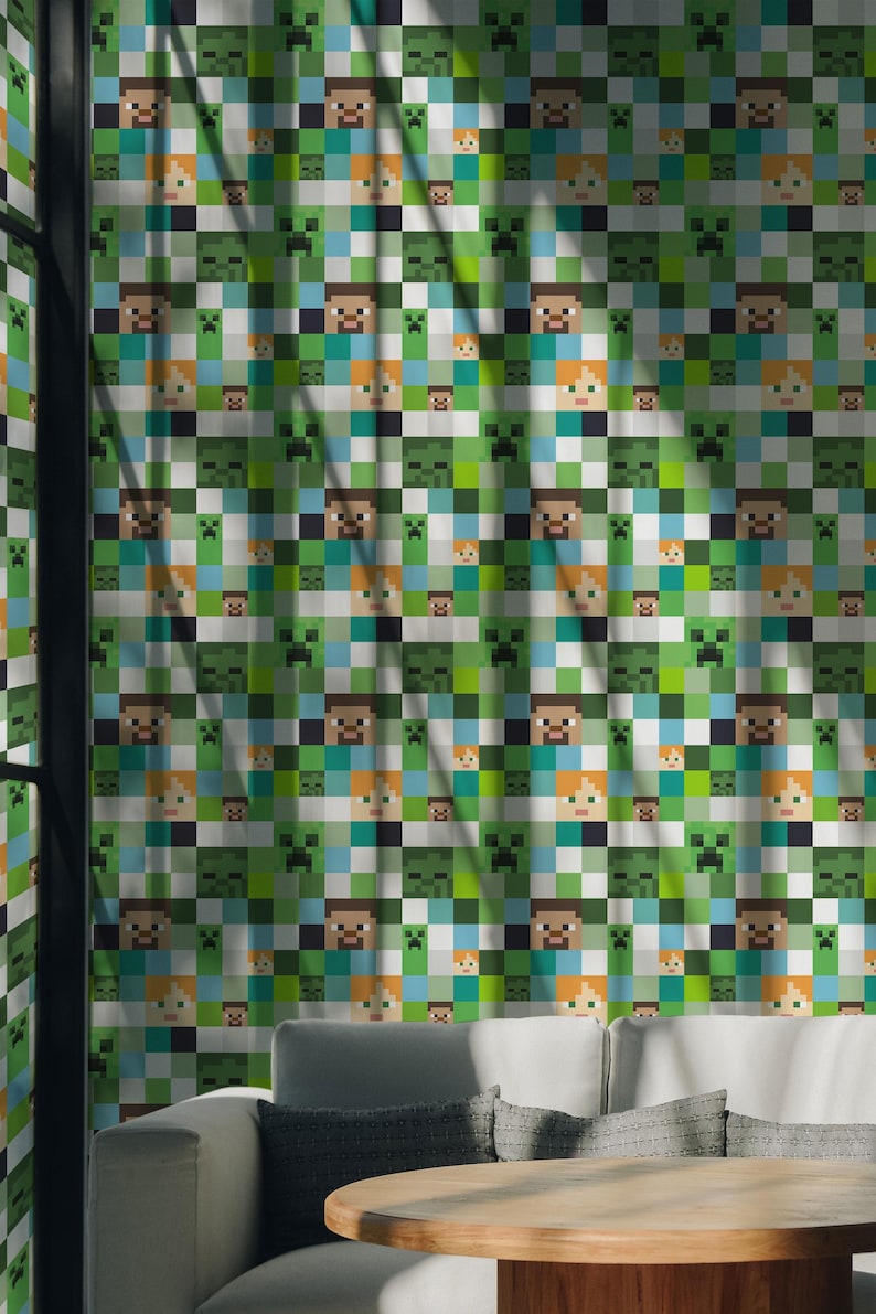 May include: A green and blue wallpaper with a repeating pattern of pixelated characters from the video game Minecraft. The wallpaper features the characters Steve and Creeper.