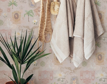 Beige Lotus Wallpaper: Whimsical Vintage Collage Design (Non-Pasted, Pre-Pasted, Peel and Stick, Custom Sizes)