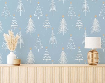 Blue and white Christmas tree Peel and Stick wallpaper / Xmas Removable wallpaper / Blue and white wallpaper - Self-adhesive or Traditional