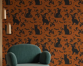 Terracotta Witch Cat Wallpaper: Gothic Halloween Pattern (Non-Pasted, Pre-Pasted, Peel and Stick, Custom Sizes)