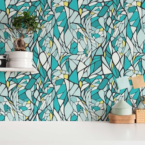 Teal Mosaic Peel and Stick wallpaper / Bold Removable wallpaper / Teal wallpaper - Self-adhesive or Traditional