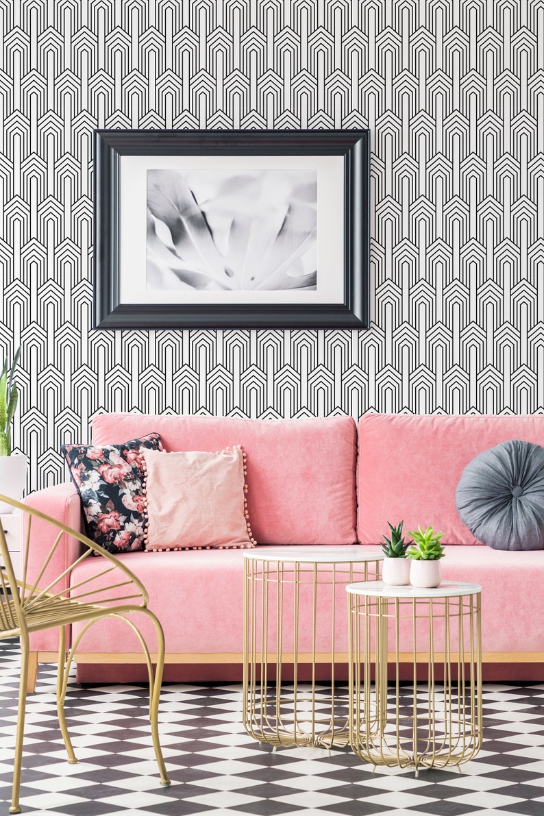 Black and white art deco peel and stick wallpaper / geometric Etsy