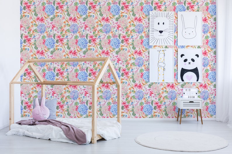 Floral Peel and Stick Wallpaper / Blue and Pink Wallpaper - Etsy
