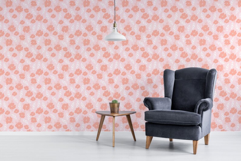 Modern Pink Floral Removable Wallpaper / Pink Floral Etsy
