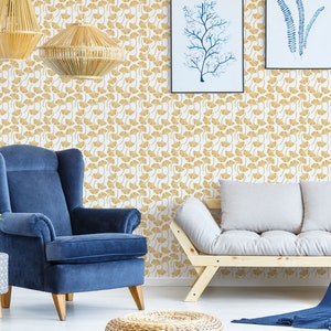 Yellow and white Gingko Peel and Stick wallpaper / Leaf Removable wallpaper / Gingko wallpaper - Self-adhesive or Traditional