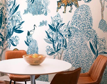 Blue Pagoda Landscape Wallpaper Mural: Chinoiserie Garden Line Art (Non-Pasted, Pre-Pasted, Peel & Stick, Custom Sizes)