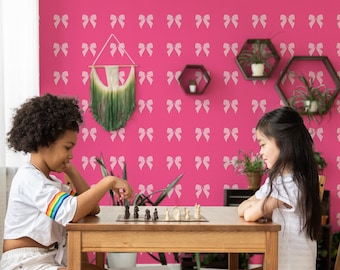 Pink Heart Bow Wallpaper: Bold Novelty Pattern (Non-Pasted, Pre-Pasted, Peel and Stick, Custom Sizes)