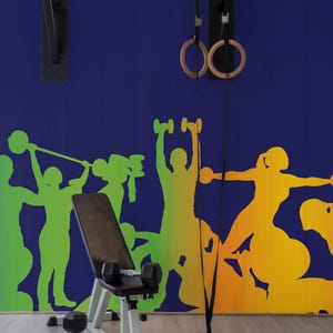 Colorful Gym Silhouettes Peel and Stick wallpaper / Fitness wall mural / Workout mural print - Removable Self-adhesive or Non-Pasted