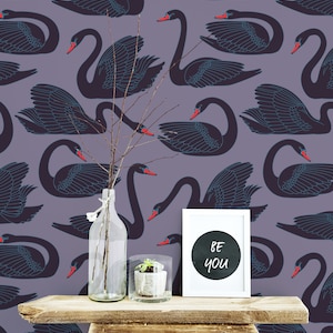 Black swan Peel and Stick wallpaper / Bird Removable wallpaper / Black and purple wallpaper - Self-adhesive or Traditional