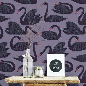 Black swan Peel and Stick wallpaper / Bird Removable wallpaper / Black and purple wallpaper - Self-adhesive or Traditional