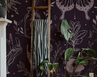 Black Moth Wallpaper Mural: Celestial Gothic Halloween Line Art (Non-Pasted, Pre-Pasted, Peel & Stick, Custom Sizes)