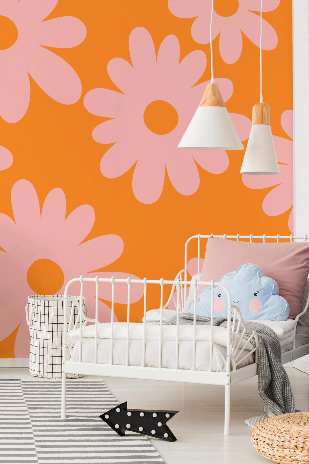 Orange Daisy Wallpaper Mural: Bold Retro Pop Floral Energy (peel and ...