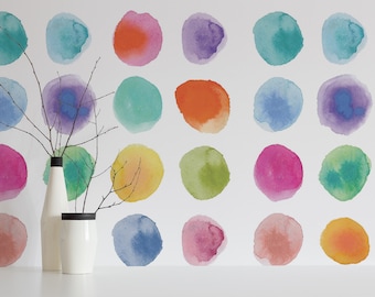 Watercolor Dots Peel and Stick wallpaper / Polka dot Removable wallpaper / Colorful wallpaper - Self-adhesive or Traditional