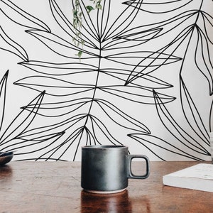 Lined Palm Leaves wallpaper - Peel and Stick Wallpaper or Non Pasted Wallpaper / Leaf Removable wallpaper / Black and white wallpaper