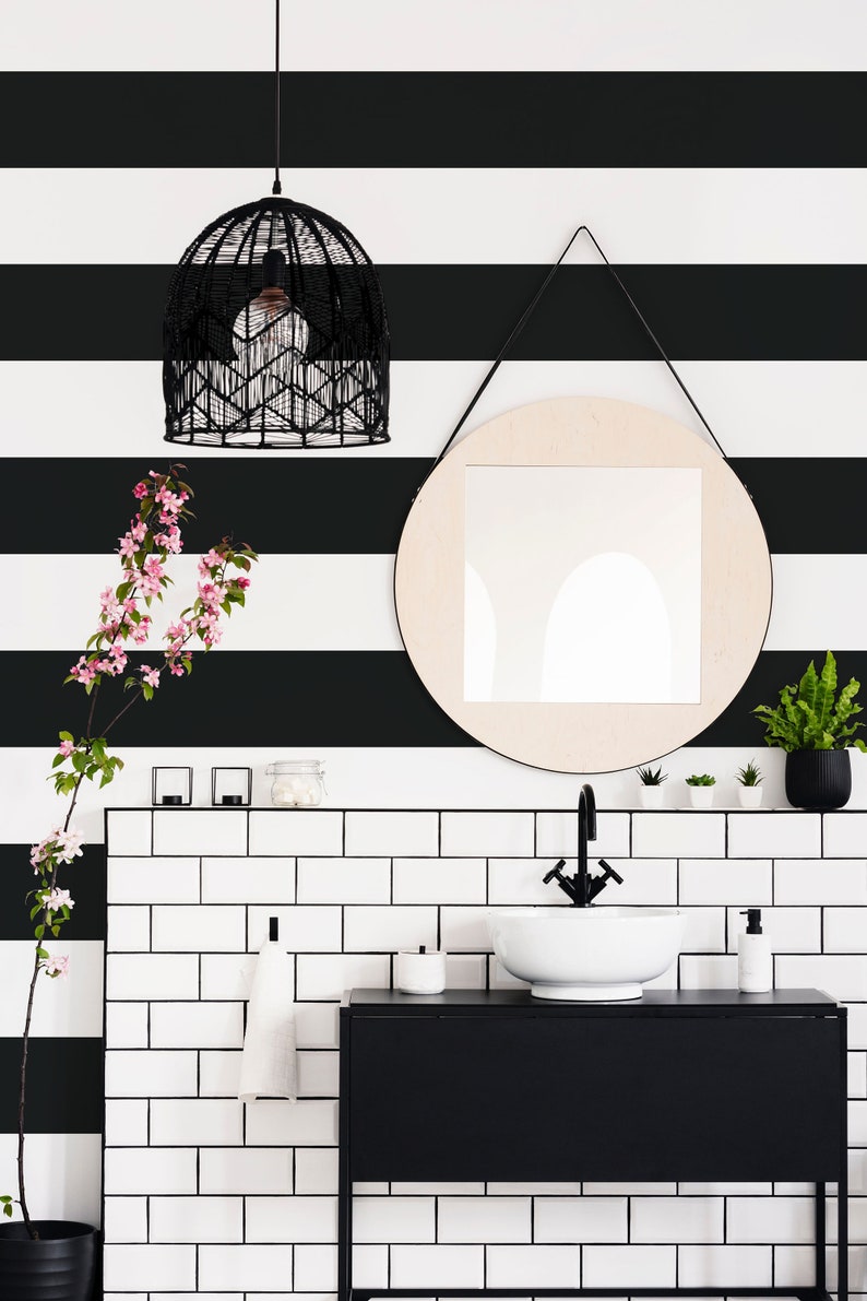 Black and white horizontal striped removable wallpaper / Etsy
