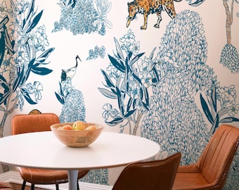 Blue Big Cats Wallpaper Mural: Chinoiserie Toile Botanical Wildlife Scene (Non-Pasted, Pre-Pasted, Peel & Stick, Custom Sizes)