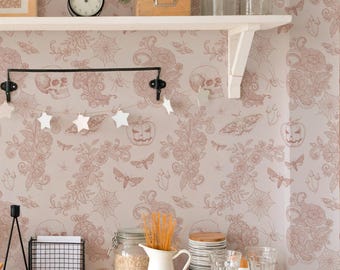 Greige Skull Wallpaper: Gothic Halloween Pattern (Non-Pasted, Pre-Pasted, Peel and Stick, Custom Sizes)