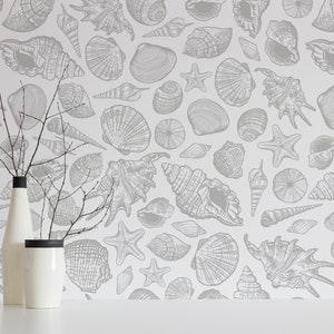 Gray Sea shell Peel and Stick wallpaper / Nautical Removable wallpaper / Seashell wallpaper - Self-adhesive or Traditional