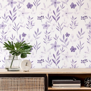 Purple Floral Peel and Stick wallpaper / Botanical Removable wallpaper / Purple wallpaper - Self-adhesive or Traditional