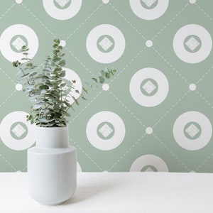 Green and white Circle Peel and Stick wallpaper / Geometric Removable wallpaper / Retro wallpaper - Self-adhesive or Traditional