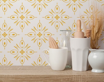 Papel pintado de azulejos florales amarillos: diseño geométrico vintage (autoadhesivo o sin adhesivo, colores y tamaños personalizados).