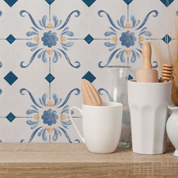 Antiek tegelbehang: blauw tegelpatroon met bloemen (afpellen of niet-geplakt, aangepaste formaten)