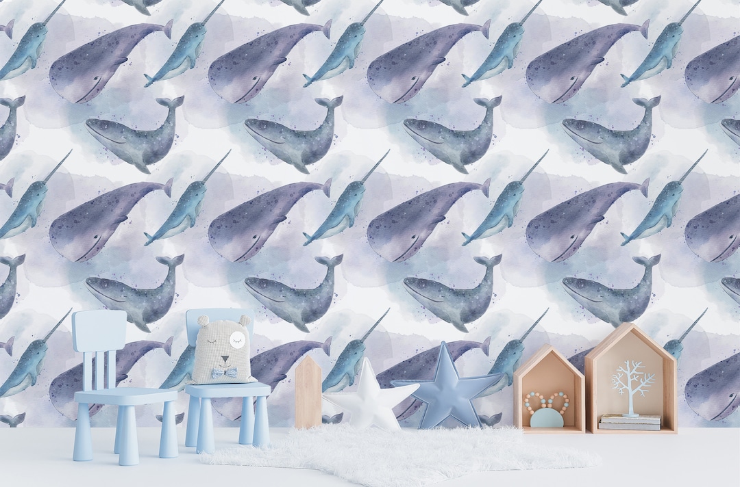 Purple Whale Peel and Stick Wallpaper / Ocean Removable Wallpaper