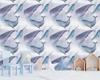 Purple Whale Peel and Stick wallpaper / Ocean Removable wallpaper / Watercolor wallpaper - Self-adhesive or Traditional