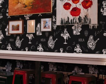Black and White Pin-Up Girls Wallpaper: Mexican Cocktail Party Pattern (Non-Pasted, Pre-Pasted, Peel and Stick, Custom Sizes)