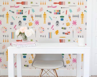 Cream Art Supplies Wallpaper: Funky Illustrated Pattern (Non-Pasted, Pre-Pasted, Peel and Stick, Custom Sizes)