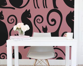 Dusty Rose Black Cats Wallpaper Mural: Gothic Halloween Whimsy (Non-Pasted, Pre-Pasted, Peel & Stick, Custom Sizes)