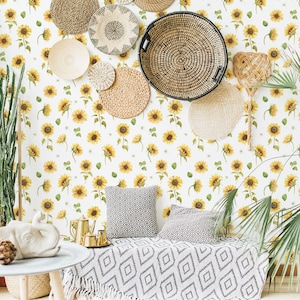 Yellow and white Sunflower Peel and Stick wallpaper / Sunflower Self-adhesive or Traditional wallpaper / Cottage Removable wallpaper