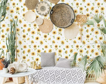 Yellow Sunflower Wallpaper: Botanical Watercolor Design (Peel and Stick or Non Pasted, Custom Sizes)