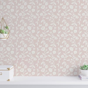 Pink and white Floral Peel and Stick wallpaper / Wildflower Removable wallpaper / Pink and white wallpaper - Self-adhesive or Traditional