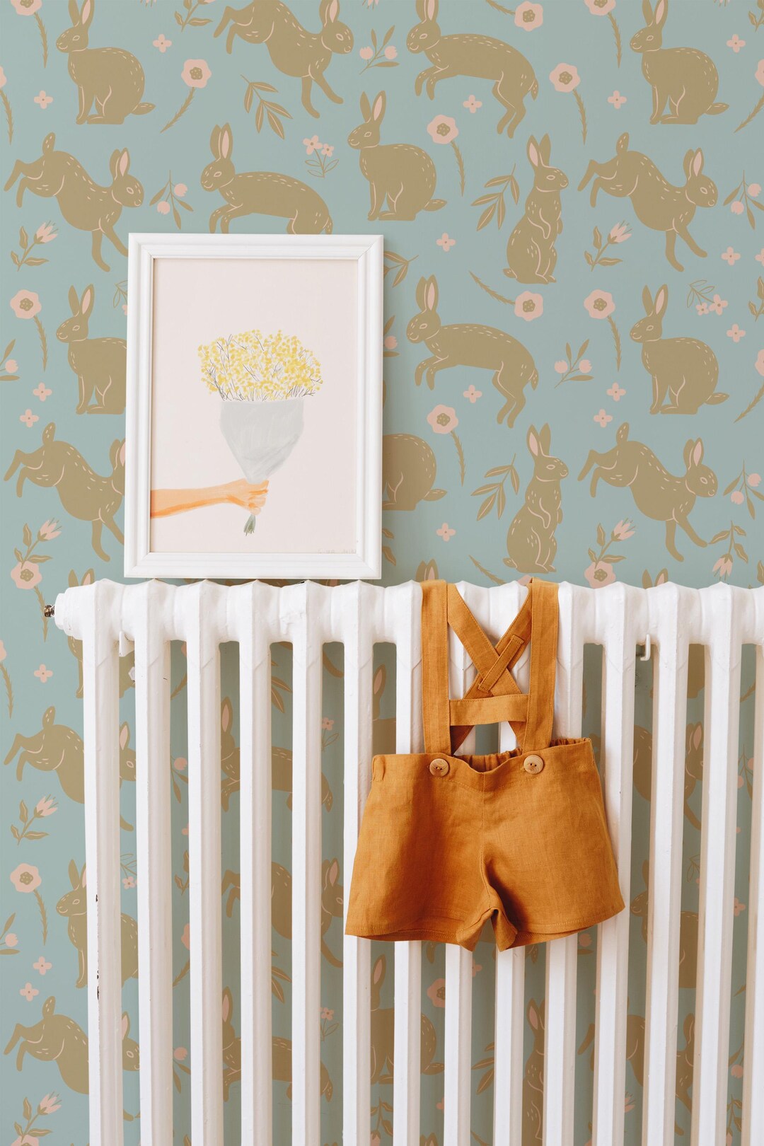 Boho Bunnies Wallpaper | Powder Blue Peel and Stick Removable Fabric or ...