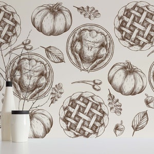 Brown Dinner Peel and Stick wallpaper / Thanksgiving Removable wallpaper / Brown wallpaper - Self-adhesive or Traditional