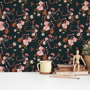Dark Floral Peel and Stick Wallpaper / Snake Removable wallpaper / Botanical wallpaper - Self-adhesive or Traditional