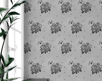 Gray Rose Wallpaper: Gothic Halloween Pattern (Non-Pasted, Pre-Pasted, Peel and Stick, Custom Sizes)