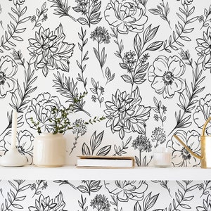 Black and white Flower Peel and Stick wallpaper / Garden Removable wallpaper / Black and white wallpaper - Self-adhesive or Traditional