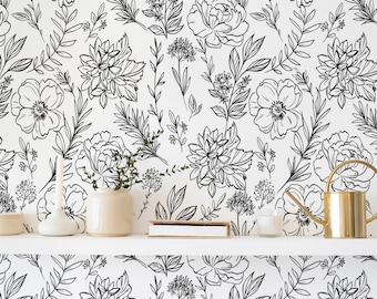 Black and white Flower Peel and Stick wallpaper / Garden Removable wallpaper / Black and white wallpaper - Self-adhesive or Traditional