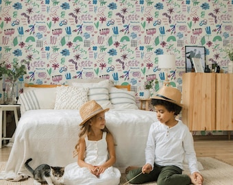 Ivory Abstract Shapes Wallpaper: Playful Doodle Design (Non-Pasted, Pre-Pasted, Peel and Stick, Custom Sizes)