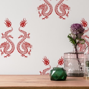 Red and white Dragon Peel and Stick wallpaper / Oriental Removable wallpaper / Red and white wallpaper - Self-adhesive or Traditional