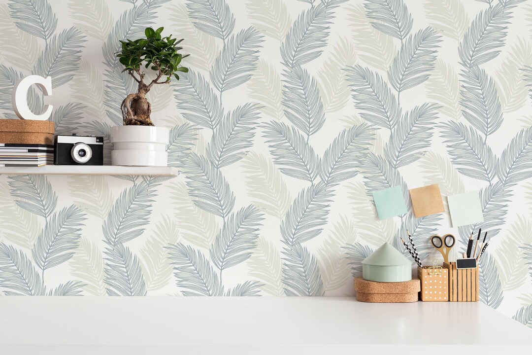 Blue and White Palm Leaf Peel and Stick Wallpaper / Coastal Removable ...