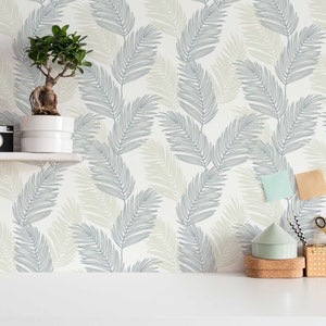 Blue and white Palm leaf Peel and Stick wallpaper / Coastal Removable wallpaper / Blue and white wallpaper - Self-adhesive or Traditional