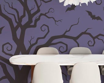 Purple Bat Silhouettes Wallpaper Mural: Gothic Halloween Forest Night (Non-Pasted, Pre-Pasted, Peel & Stick, Custom Sizes)
